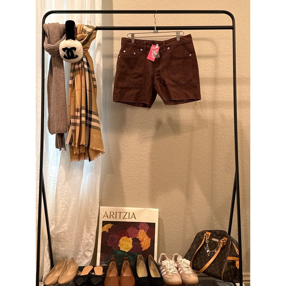 Edikted Brown Denim Shorts High Waisted Raw Hem Chocolate Cotton Twill Small NWT